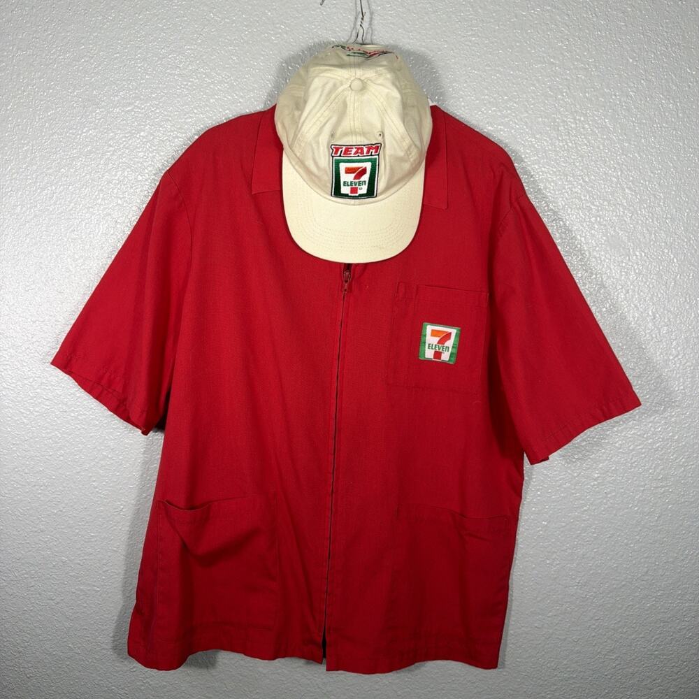 Vintage 7 11 Uniform Red Shirt Mens Large Angelica Zip Costume + Team 7 11 Hat